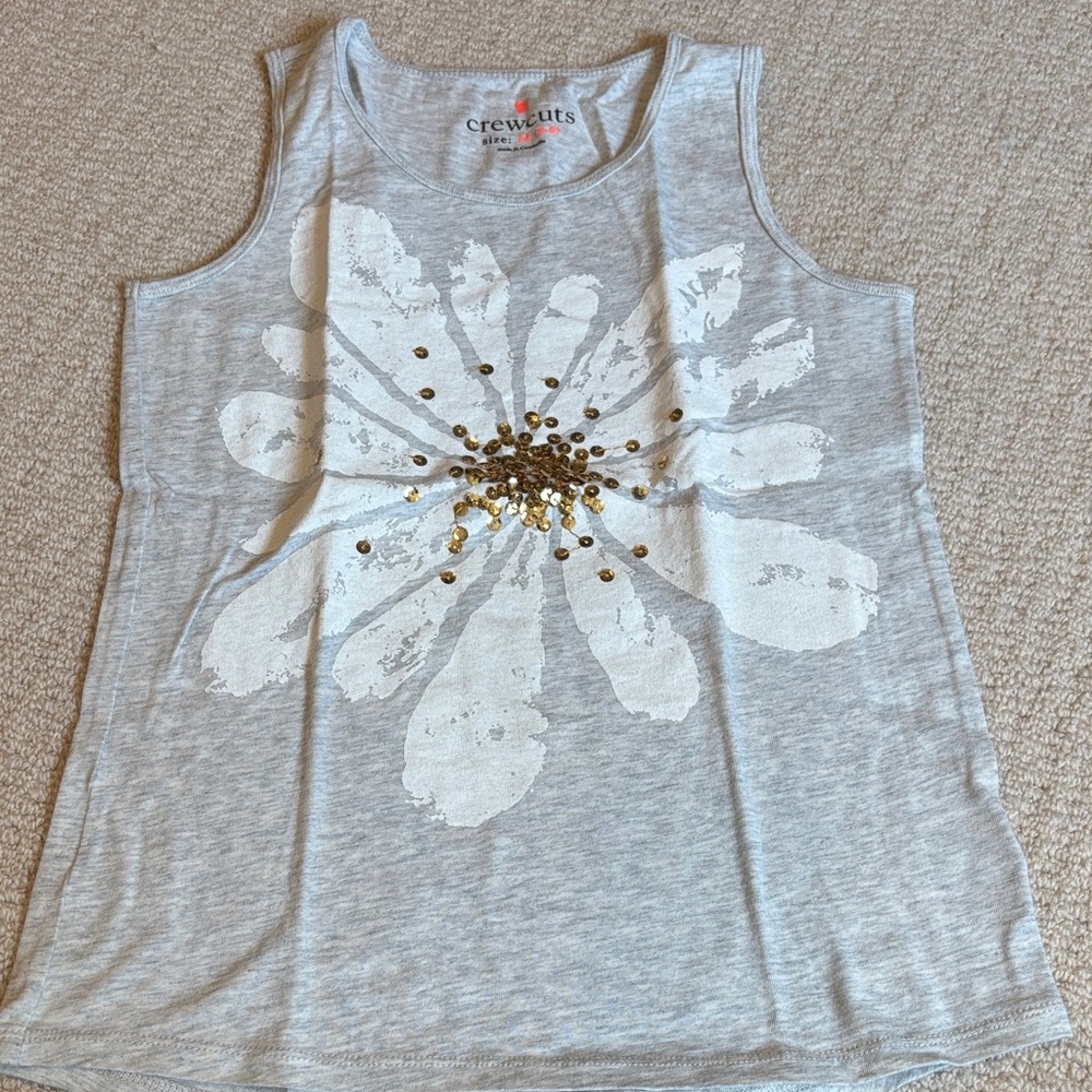 Crewcuts Light Gray Tank Top with White sequin Floral and Gold Accents